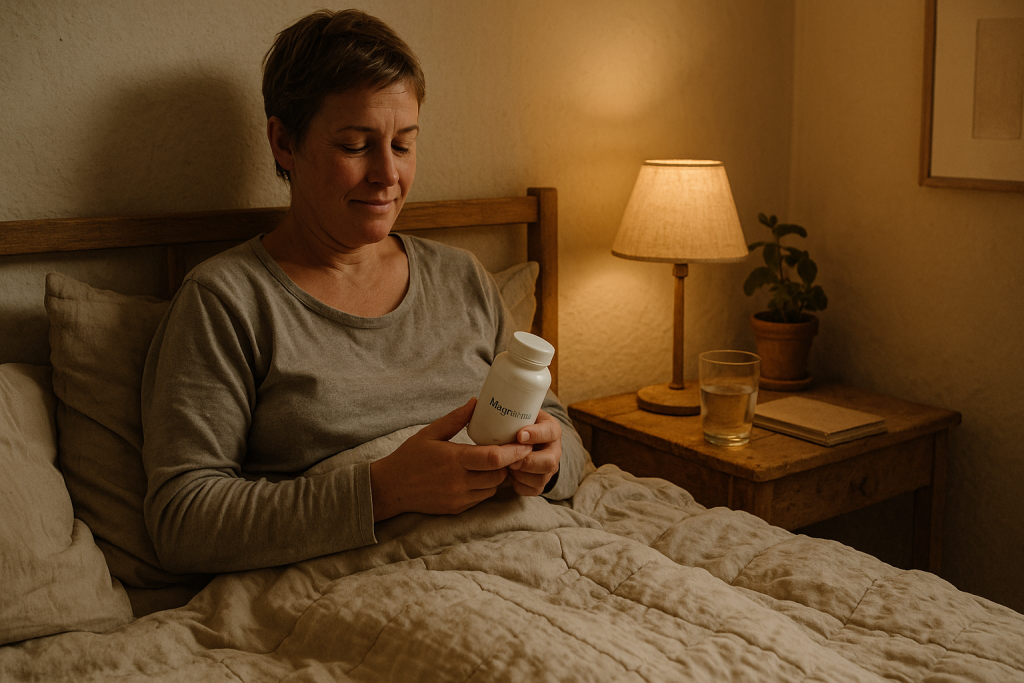 Kvinde i slut 30erne sidder op i sengen med tyngdedyne, kigger ned på en hvid magnesium kosttilskudflaske, ved et sengebord med glas vand og varm natbordslampe i et dæmpet soveværelse.
