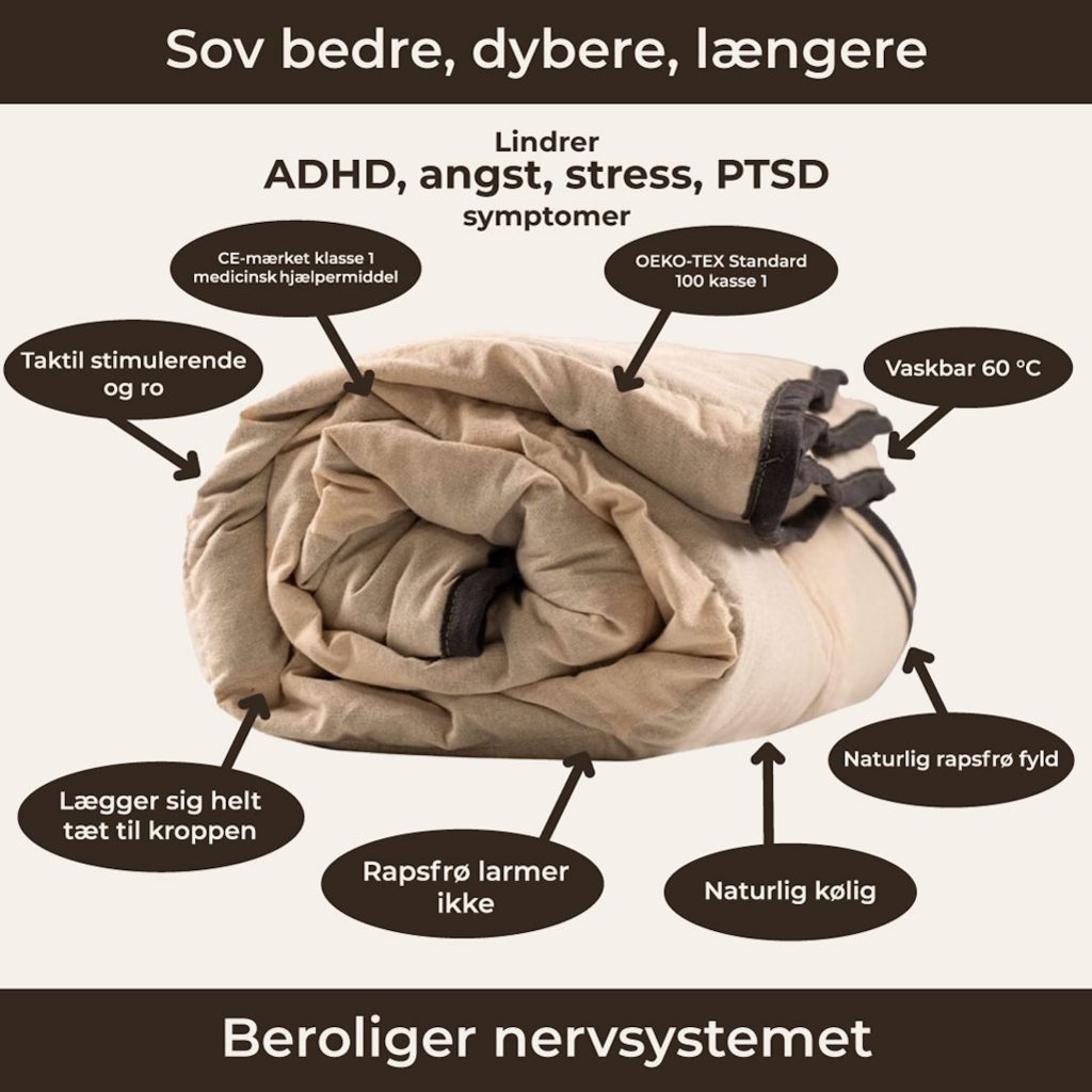 Naturlig tyngdedyne cm, rullet sammen i naturfarvet bomuld med mørk kant fra RestfulBlanket.