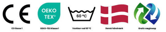 CE-mærke, OEKO-TEX Standard 100, vask ved 60°C, dansk flag og genanvendelsessymbol vist samlet som dokumentation for hygiejne og kvalitet.
