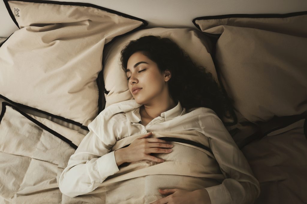 Kugledyne vs tyngdedyne: Kvinde ligger og hviler roligt under en naturlig tyngdedyne fra RestfulBlanket som eksempel på et stille alternativ til kugledyne.
