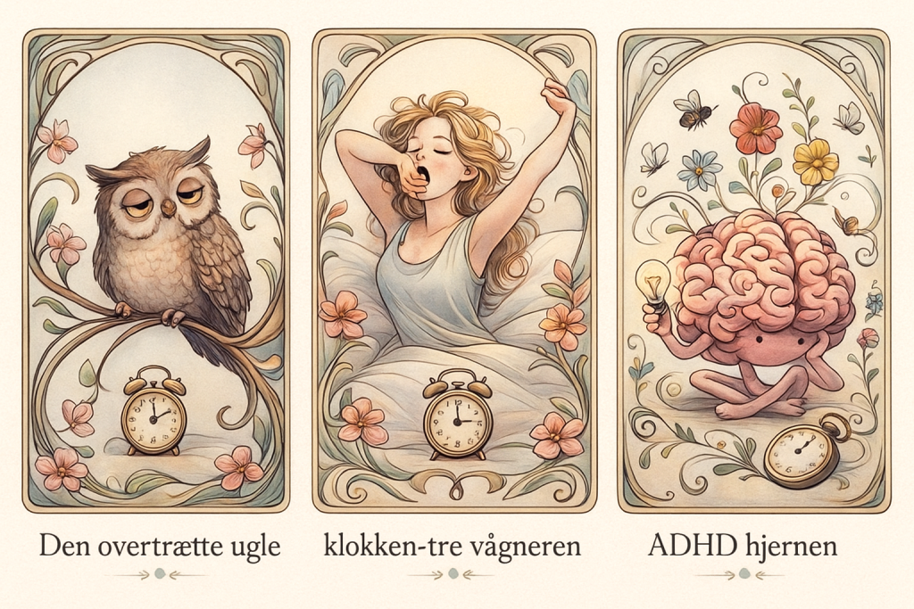 Illustration af tre søvntyper – den overtætte ugle, klokken tre vågneren og ADHD hjernen – som visualiserer forskellige søvnmønstre i artiklen om hvornår man skal tage magnesium til søvn.