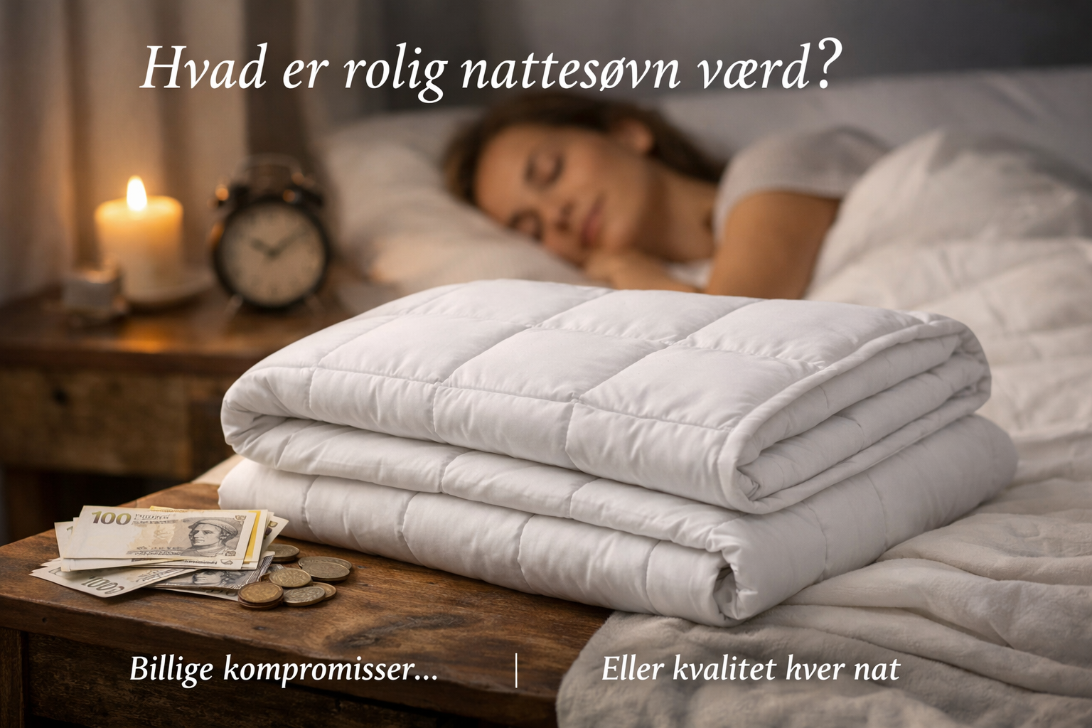 Naturlig tyngdedyne fra RestfulBlanket på seng i roligt soveværelse med fokus på kvalitet, materialer og pris